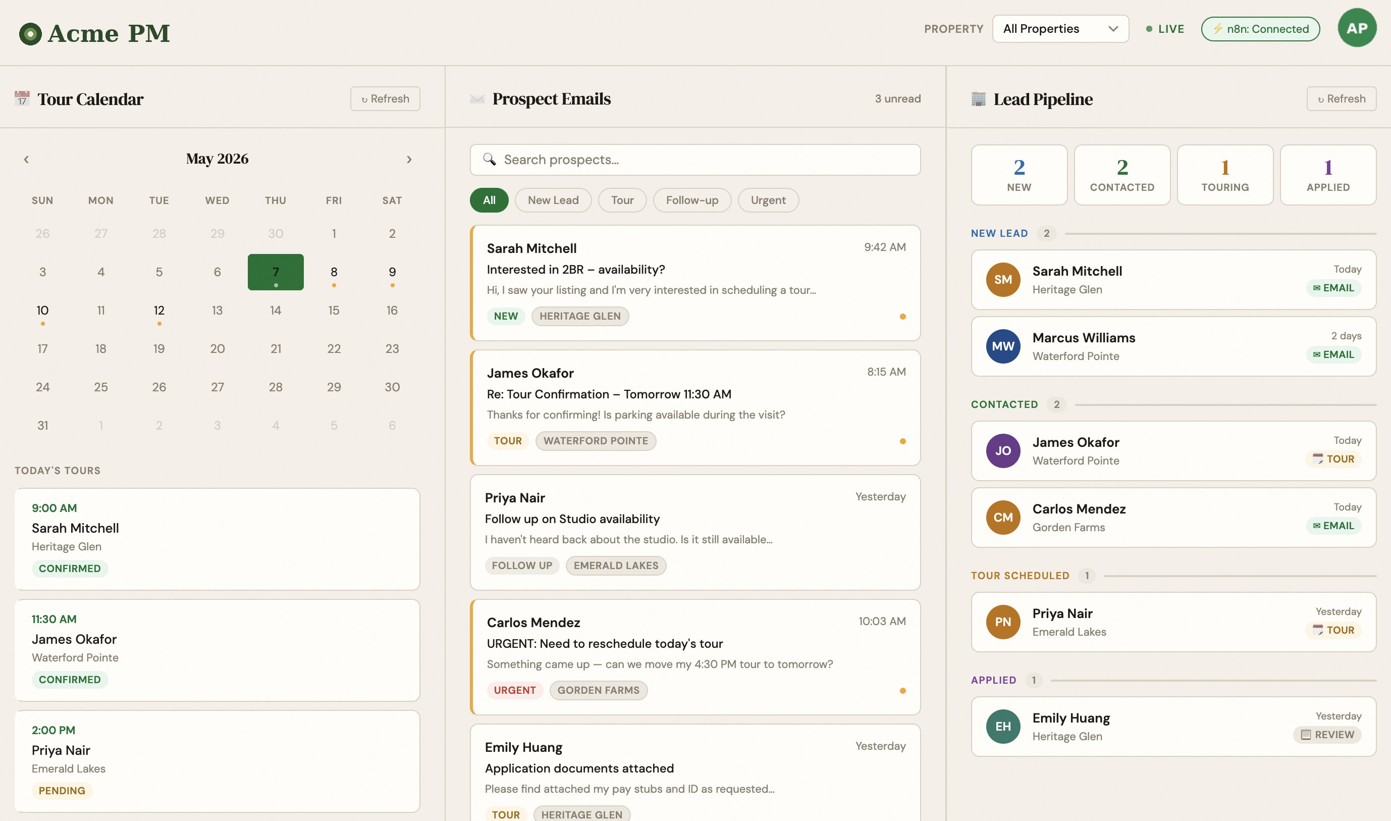 Sproot dashboard showing tour calendar, prospect emails, and lead pipeline